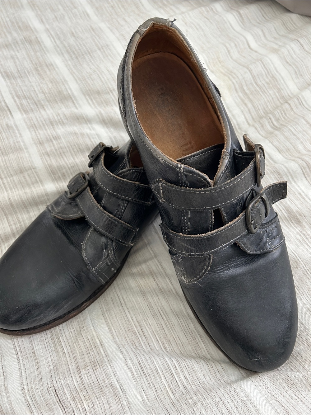 BED|STU Black Leather distressed-look Double-Strap Buckle Loafers